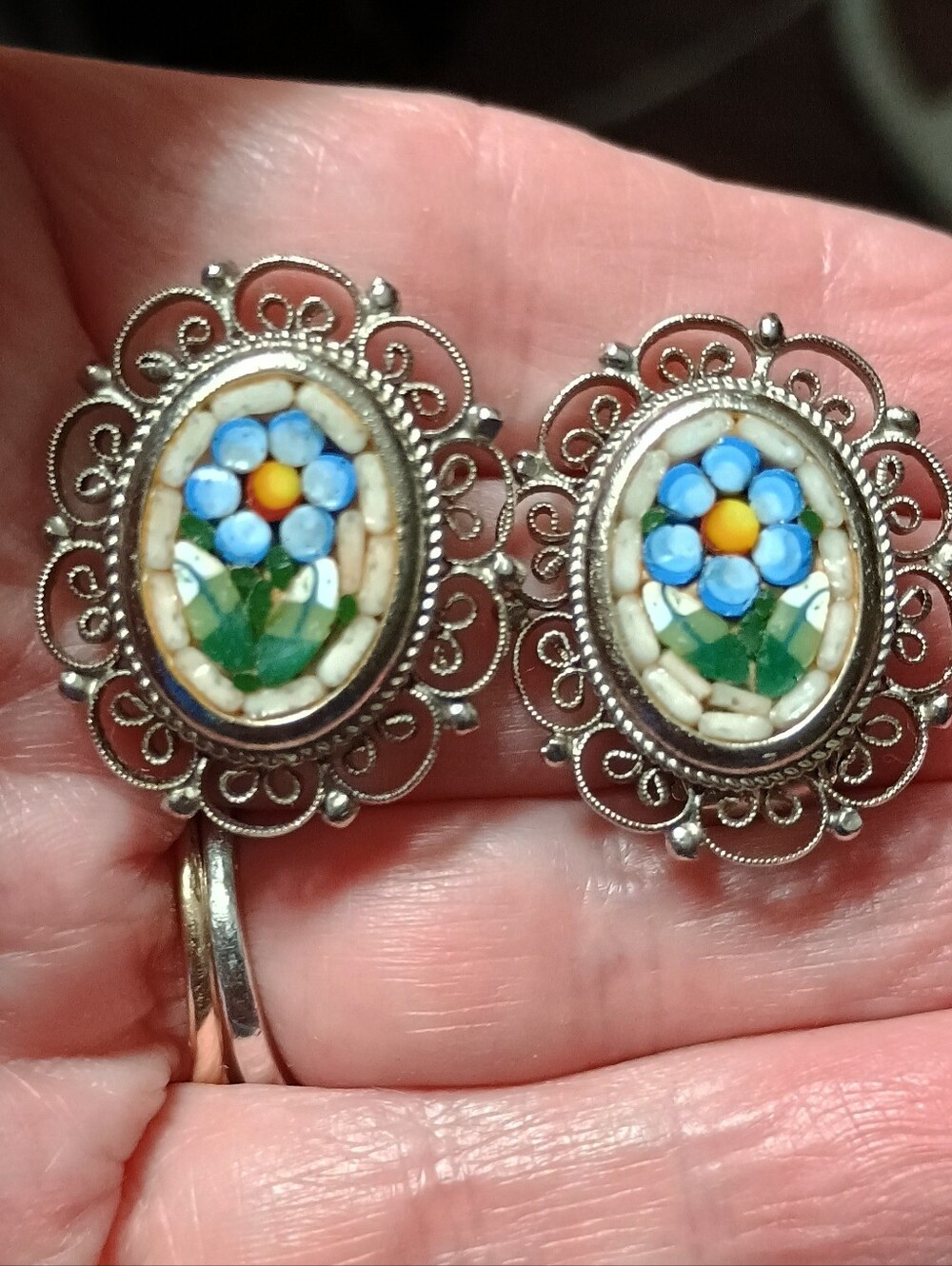 Vintage Mosaic Blue Flower Silver-Tone Clip Earrings